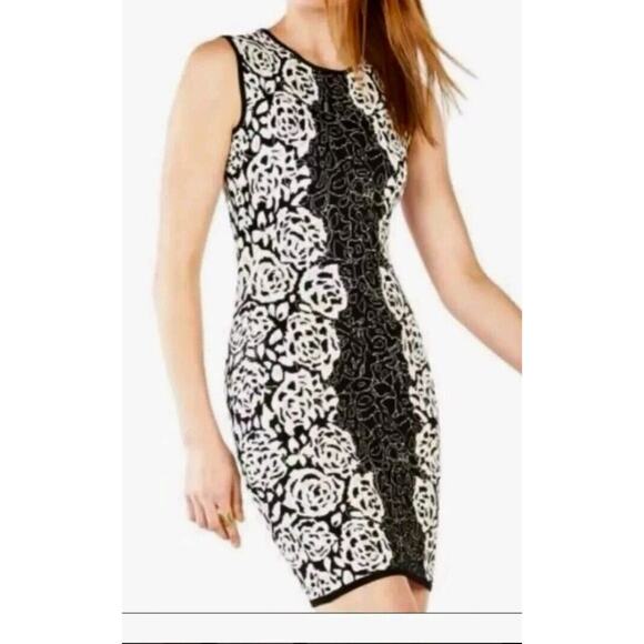 BCBG MAXAZRIA LUXURIOUS Sweater Dress Bodycon Black White Floral Sz Small‎ 2 4 - Picture 1 of 6